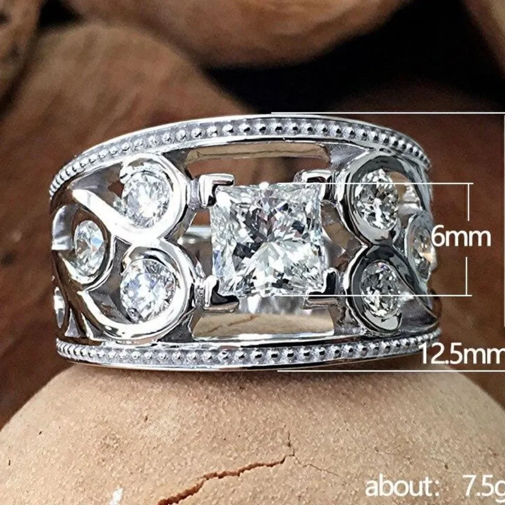 The Art Deco wide band ring in 925 silver and cubic zirconia sz 6